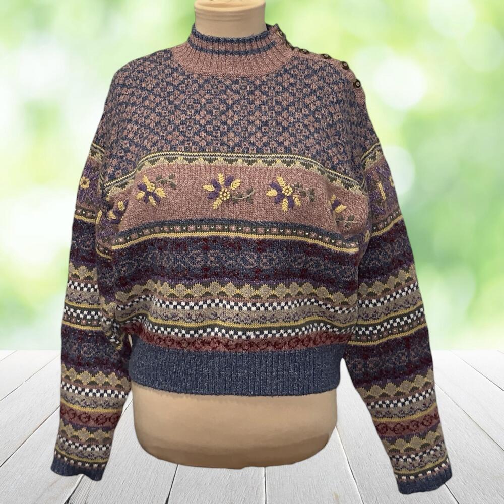 Vintage LIZWEAR Sweater Fair Isle Embroidered Floral Folk Art Cottagecore Size M